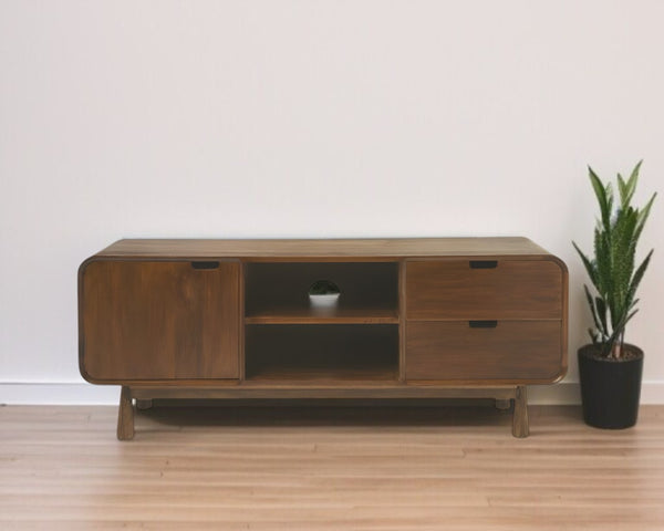 HomeRoots 50" Brown Solid Wood Mid-Century TV Stand with Open Shelves & Enclosed Storage for Stylish Organization 389231