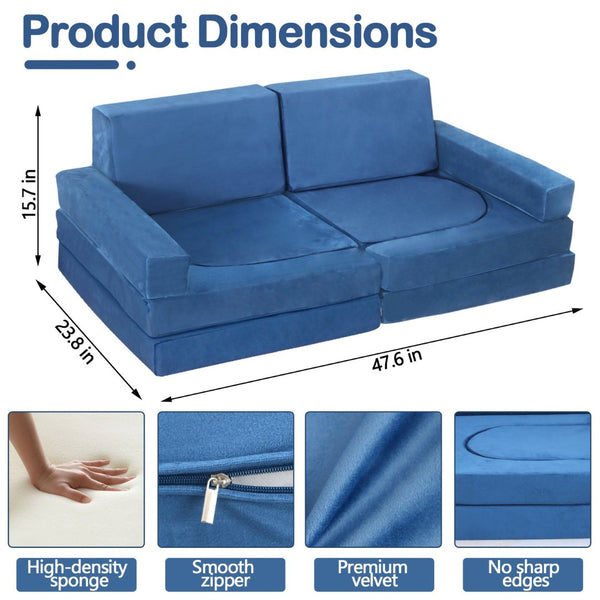 English Elm 12 Piece Modular Foam Play Couch Set Velvet Convertible Sofa Fort for Kids Playroom Blue T5880P493411