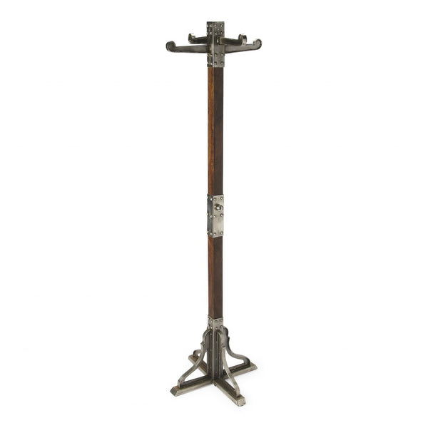HomeRoots Industrial Vintage Coat Rack - Handcrafted Mango Wood & Iron, 4 Hooks, Rustic Entryway Storage Solution 389240
