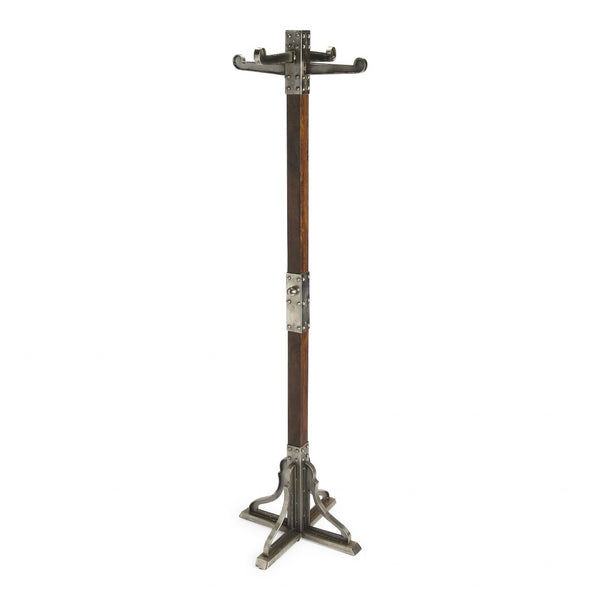 HomeRoots Industrial Vintage Coat Rack - Handcrafted Mango Wood & Iron, 4 Hooks, Rustic Entryway Storage Solution 389240