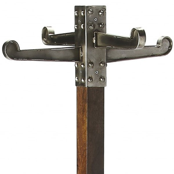 HomeRoots Industrial Vintage Coat Rack - Handcrafted Mango Wood & Iron, 4 Hooks, Rustic Entryway Storage Solution 389240