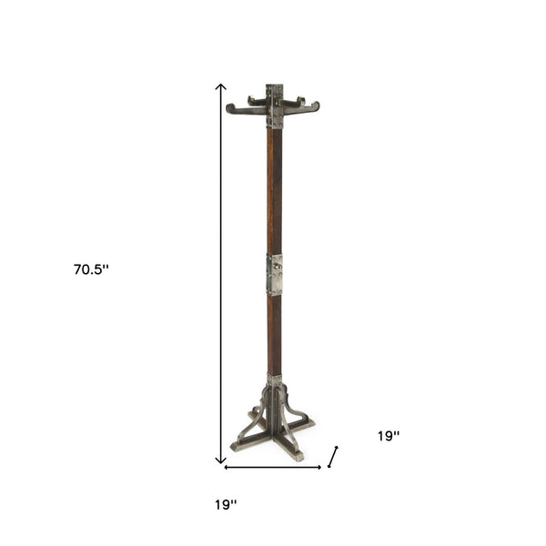 HomeRoots Industrial Vintage Coat Rack - Handcrafted Mango Wood & Iron, 4 Hooks, Rustic Entryway Storage Solution 389240
