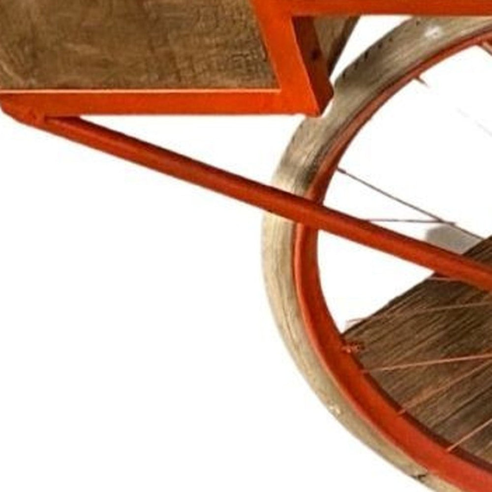 HomeRoots 72" Vintage-Inspired Flying Merkel Motorcycle Bar Cart – Handcrafted Mango Wood, Distressed Orange Finish 389261