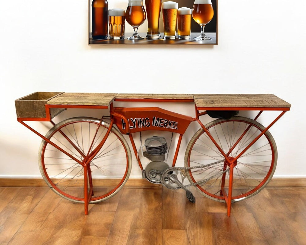 HomeRoots 72" Vintage-Inspired Flying Merkel Motorcycle Bar Cart – Handcrafted Mango Wood, Distressed Orange Finish 389261
