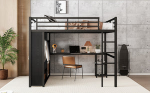 English Elm Queen Size Loft Bed Frame With Integrated Wardrobe, Desk & Shelves - Space-Saving Black Design W1580S00105-GIGA