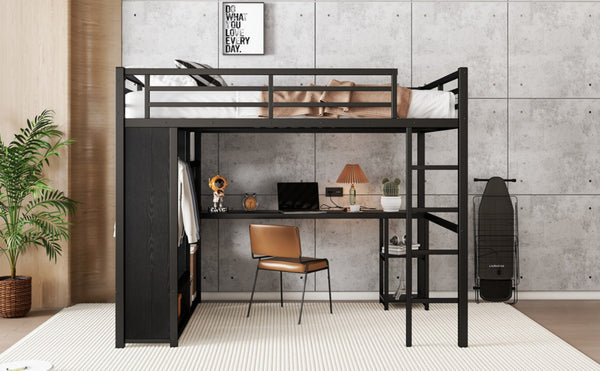 English Elm Queen Size Loft Bed Frame With Integrated Wardrobe, Desk & Shelves - Space-Saving Black Design W1580S00105-GIGA
