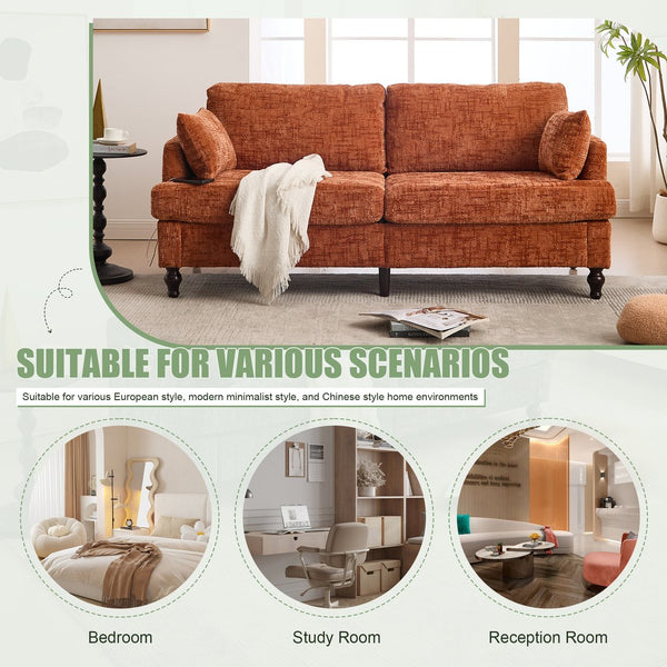 English Elm Modern chenille 2-seater sofa with LED lighting, USB charging, storage pocket, sturdy wood legs Orange W395P318543