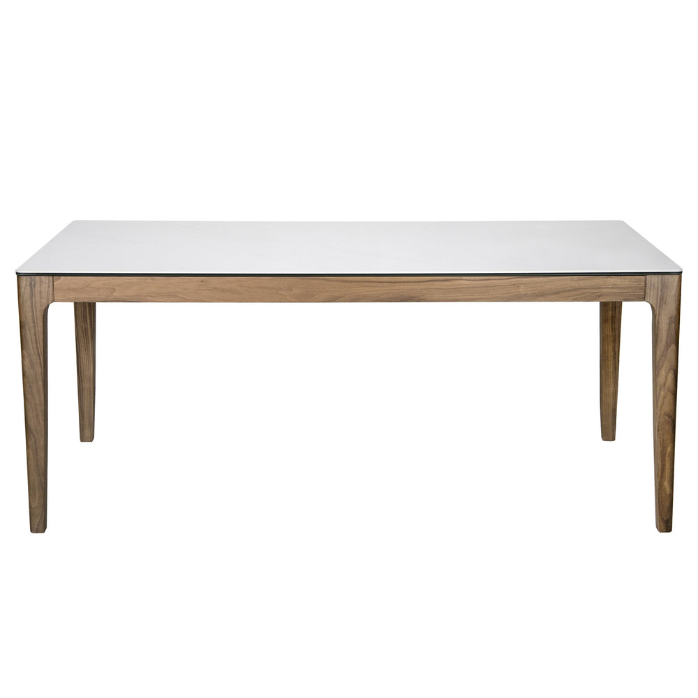 Haldis Rectangle Table – Elegant White Ceramic Glass Top with Walnut Frame for Versatile Use