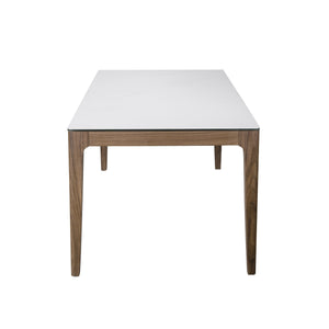 Haldis Rectangle Table – Elegant White Ceramic Glass Top with Walnut Frame for Versatile Use