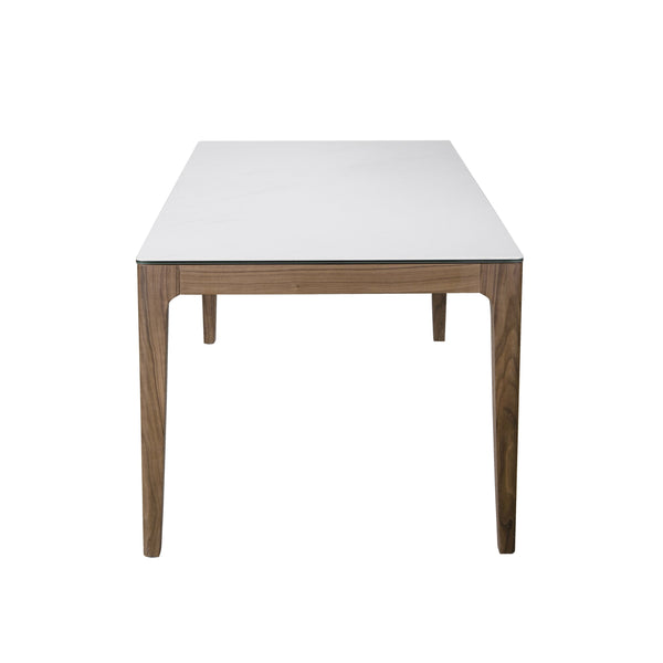 Haldis Rectangle Table – Elegant White Ceramic Glass Top with Walnut Frame for Versatile Use
