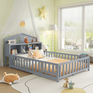 English Elm Full-size Montessori Floor Bed with Built-In Bookcase and Chalkboard, Space-Saving Solid Wood Platform for Kids Grey 56.3 L x 17.32 W x 5.31 H W1716S00013