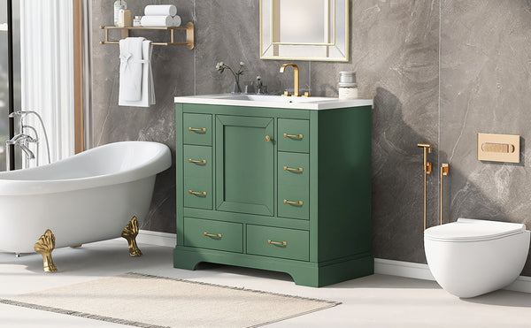 English Elm 36" Modern Bathroom Vanity with Ceramic Sink, Six Drawers, Adjustable Shelf, Solid Wood Build Green SY999808AAF-6
