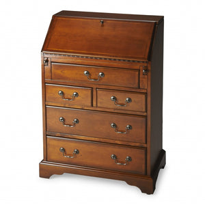HomeRoots 26" Brown Solid Wood Secretary Desk - Classic Design with Fold-Down Worktop & Five Spacious Drawers 389424