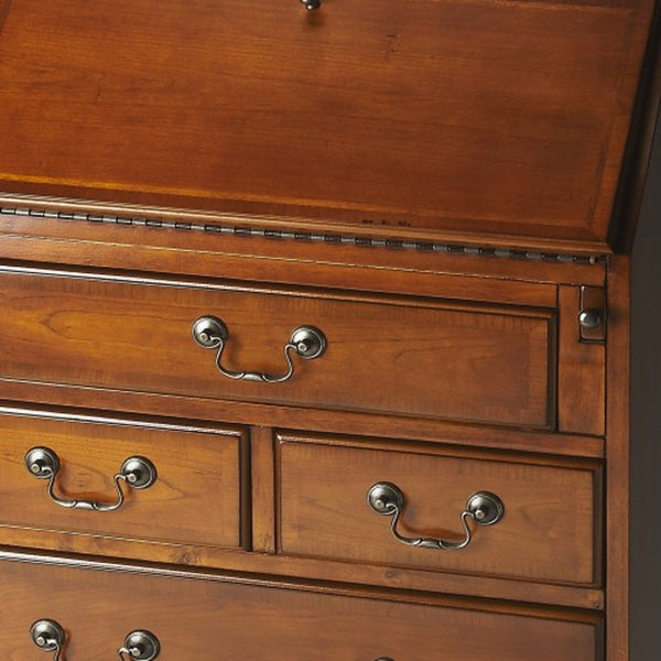 HomeRoots 26" Brown Solid Wood Secretary Desk - Classic Design with Fold-Down Worktop & Five Spacious Drawers 389424