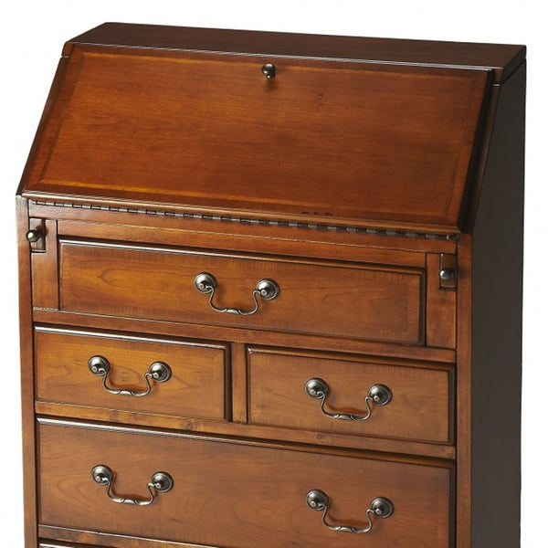 HomeRoots 26" Brown Solid Wood Secretary Desk - Classic Design with Fold-Down Worktop & Five Spacious Drawers 389424