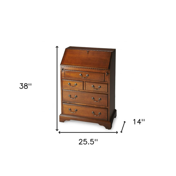 HomeRoots 26" Brown Solid Wood Secretary Desk - Classic Design with Fold-Down Worktop & Five Spacious Drawers 389424