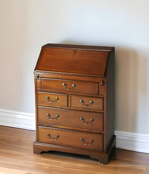 HomeRoots 26" Brown Solid Wood Secretary Desk - Classic Design with Fold-Down Worktop & Five Spacious Drawers 389424