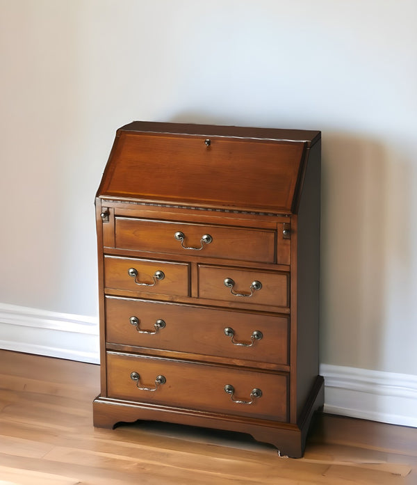 HomeRoots 26" Brown Solid Wood Secretary Desk - Classic Design with Fold-Down Worktop & Five Spacious Drawers 389424