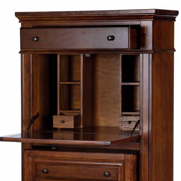 Homeroots 28" Brown Rubberwood Solid Manufactured Wood Secretary Desk With Three Drawers   389426