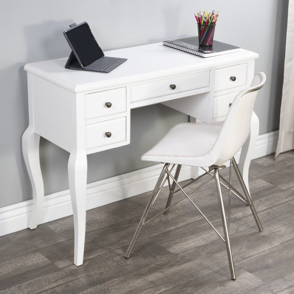 Homeroots 40" White Acacia Wood Writing Desk – Elegant Design With 5 Drawers For Stylish Home Office Storage   389451
