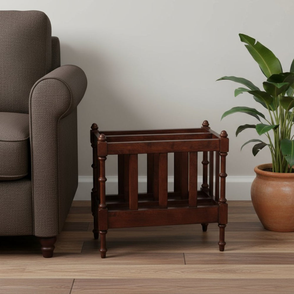 HomeRoots 17" Brown Solid Wood Magazine Holder - Elegant Storage Solution for Home and Office Organization 389454