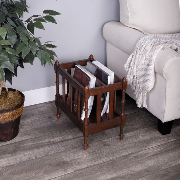 HomeRoots 17" Brown Solid Wood Magazine Holder - Elegant Storage Solution for Home and Office Organization 389454