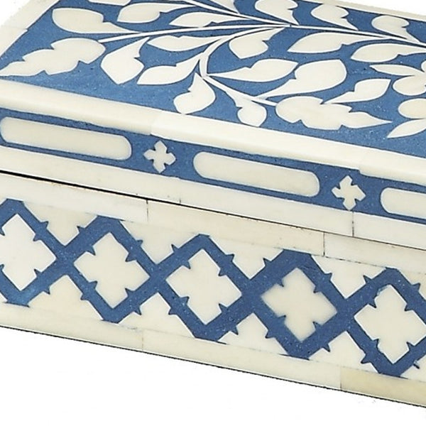 Homeroots 12" Ivory And Blue Bone Inlay Storage Box  Solid And Manufactured Wood 389456