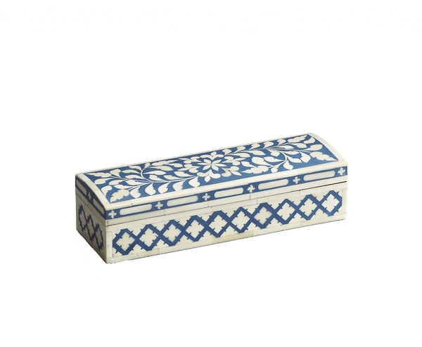 Homeroots 12" Ivory And Blue Bone Inlay Storage Box  Solid And Manufactured Wood 389456