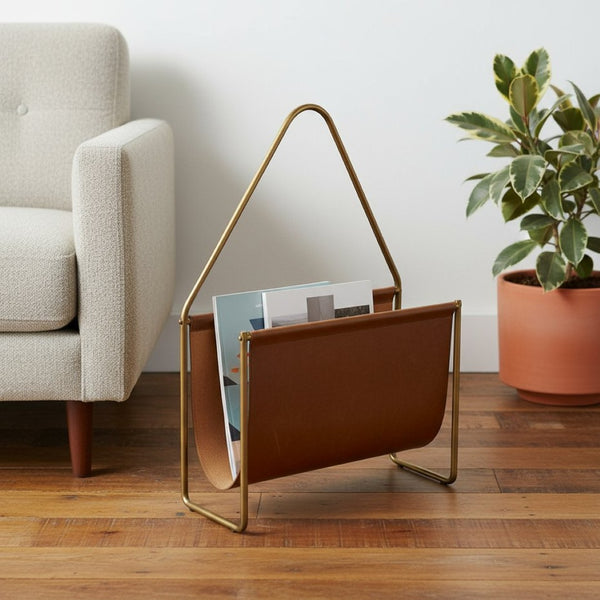 HomeRoots 14" Brown Leather & Gold Metal Magazine Holder – Stylish Organizer for Books, Remotes & Papers! 389459