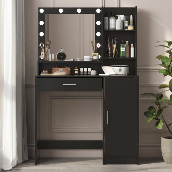 English Elm Vanity Desk With Mirror & 3 Adjustable Lighting Modes, Ample Storage & Elegant Black Finish For Bedrooms W2386P369684-GIGA