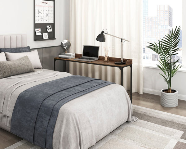 English Elm Rustic Overbed Desk with Adjustable 40-44" Height, Brown Faux Wood Top, Metal Caster Legs for Bedworking B011P244981