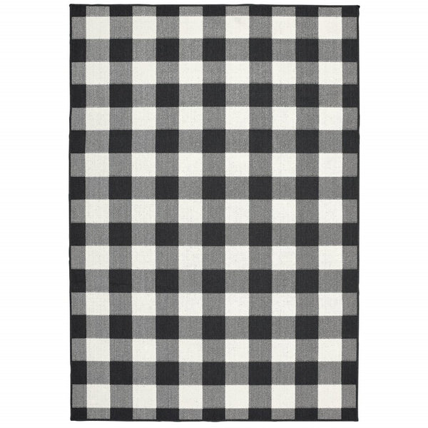 HomeRoots 5' Timeless Indoor Outdoor Area Rug - Durable, Stylish Design Perfect for Patios, Kitchens, and More Black/ Ivory 8'6" x 13' 389523