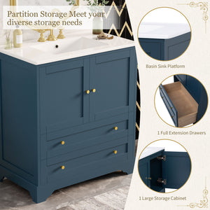 English Elm 30'' Modern Navy Blue Bathroom Vanity With Ceramic Sink, Soft-Close Doors & Gold Handles For Style N710P228365C