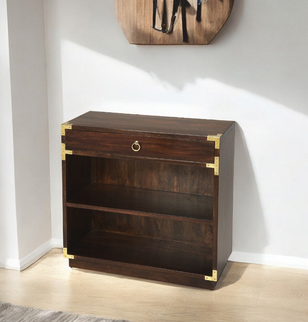 HomeRoots 28" Dark Brown Wood Two-Tier Bookcase with Drawer - Stylish, Compact Storage for Small Spaces! 389565