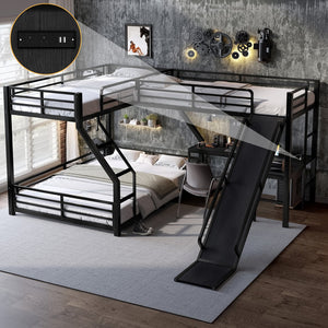 English Elm L-Shaped Triple Bunk Bed With Slide & Usb Ports - Space-Saving Metal Design For Modern Families W1580S00276