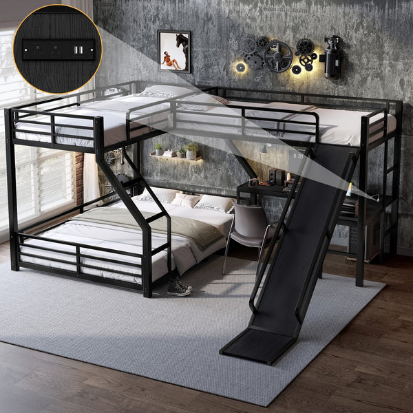 English Elm L-Shaped Triple Bunk Bed With Slide & Usb Ports - Space-Saving Metal Design For Modern Families W1580S00276