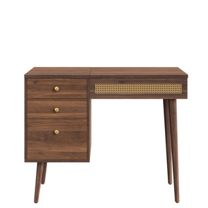 English Elm 39" Retro Bohemian Vanity Desk with Flip-Top Mirror & LED Lights, Rattan Drawers, 3-Drawer Storage, Walnut Finish N733P361800D