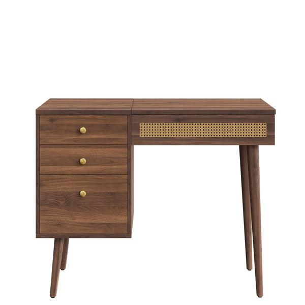 English Elm 39" Retro Bohemian Vanity Desk with Flip-Top Mirror & LED Lights, Rattan Drawers, 3-Drawer Storage, Walnut Finish N733P361800D