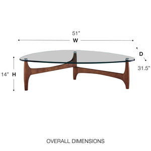 Ledell 51" Modern Coffee Table with Clear Glass Top & Walnut Base – Stylish Home Décor Statement Piece