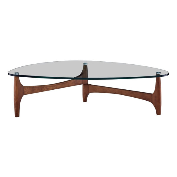 EuroStyle Ledell Tempered Glass Top Coffee Table with FSC Certified Ash Wood Walnut Base Clear / Walnut 38960CLR-KIT