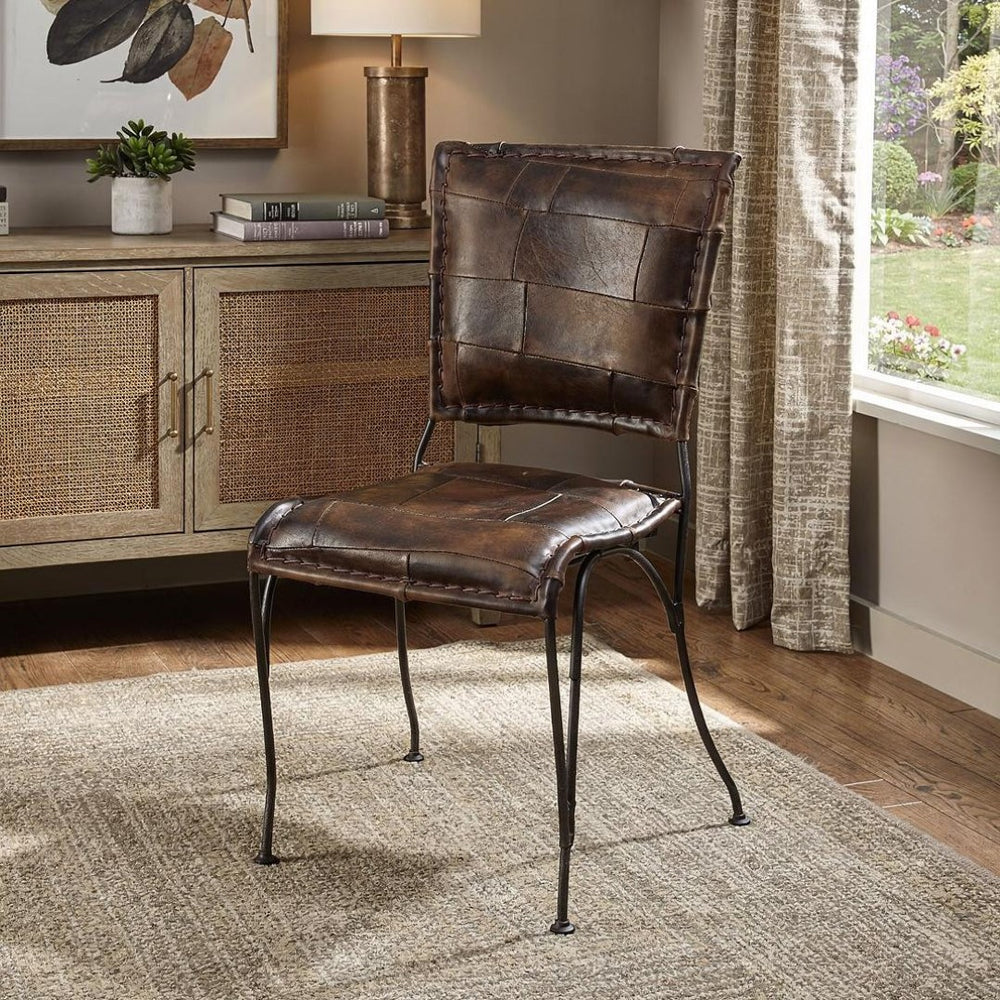 HomeRoots 16" Stylish Brown Faux Leather Patchwork Side Chair - Modern Comfort for Any Space or Room 389612