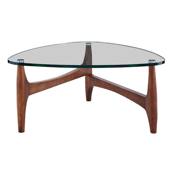 EuroStyle Ledell Round Tempered Glass Coffee Table with FSC Certified Ash Wood Walnut Base Clear / Walnut 38962CLR-KIT