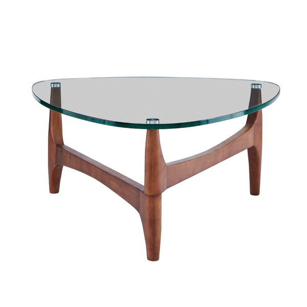 EuroStyle Ledell Round Tempered Glass Coffee Table with FSC Certified Ash Wood Walnut Base Clear / Walnut 38962CLR-KIT