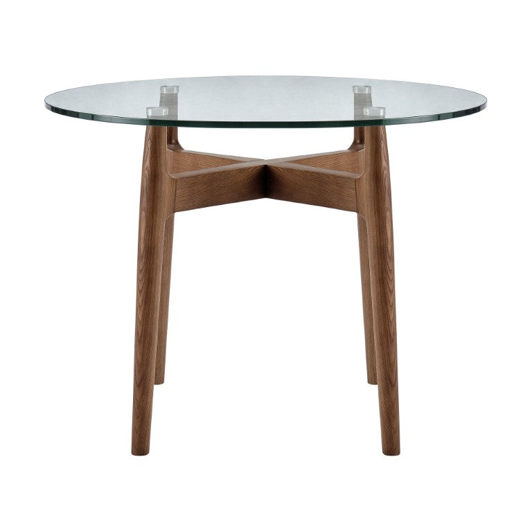 EuroStyle Ledell Round Glass Top Dining Table with FSC Certified Solid Ash Walnut Base 38965CLR-KIT