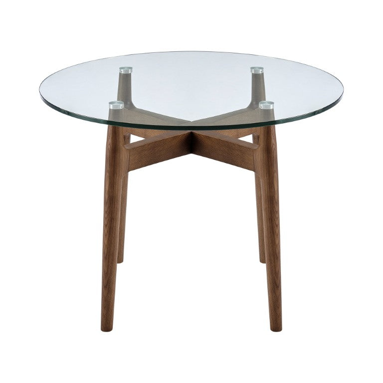 EuroStyle Ledell Round Glass Top Dining Table with FSC Certified Solid Ash Walnut Base 38965CLR-KIT