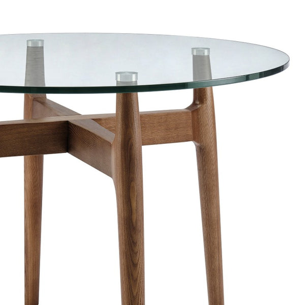 EuroStyle Ledell Round Glass Top Dining Table with FSC Certified Solid Ash Walnut Base 38965CLR-KIT