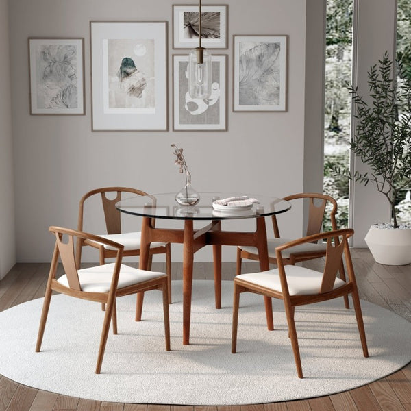 EuroStyle Ledell Round Glass Top Dining Table with FSC Certified Solid Ash Walnut Base 38965CLR-KIT