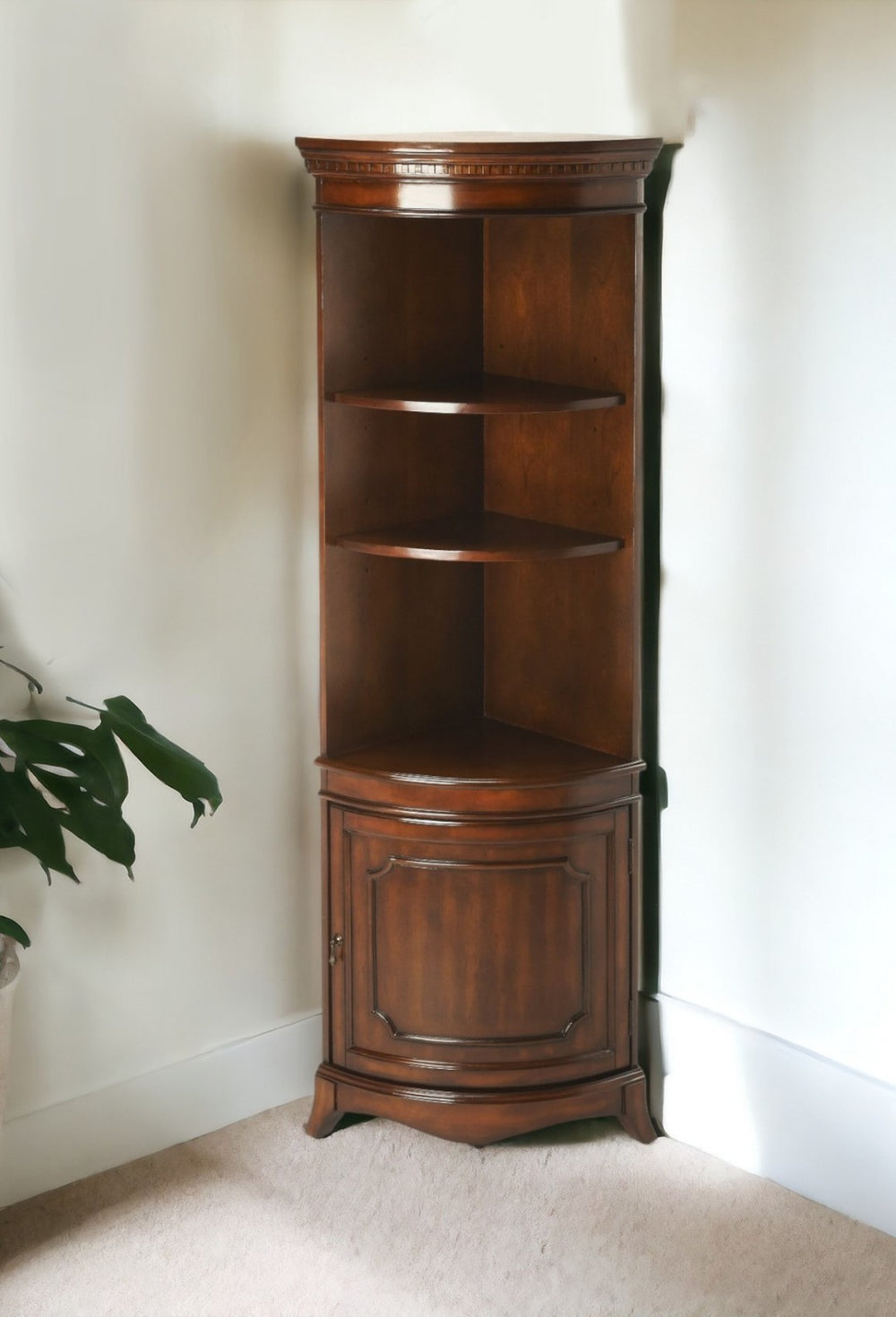 HomeRoots 73" Brown Corner Accent Cabinet - Stylish Storage with Adjustable Shelves for Classic Interiors 389731