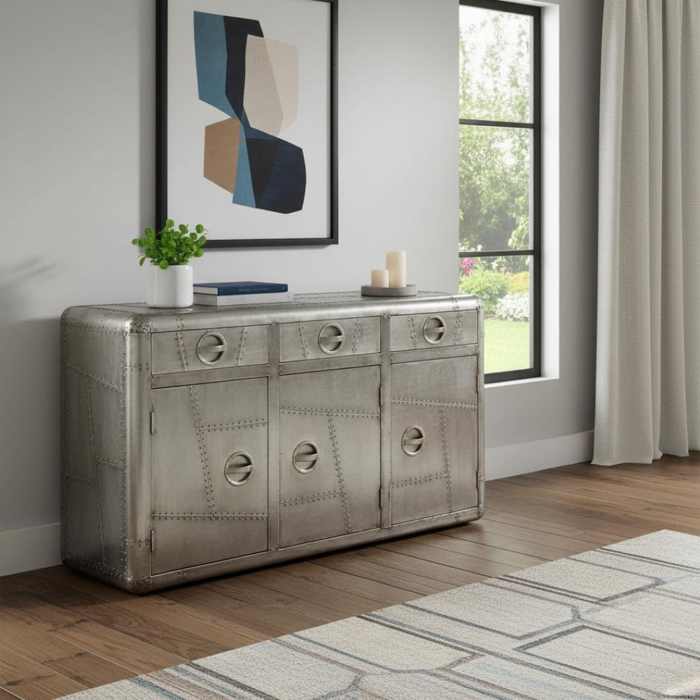 HomeRoots 55" Silver Steel Console Cabinet - Modern 3-Drawer Storage for Living Room, Entryway & TV Stand 389754