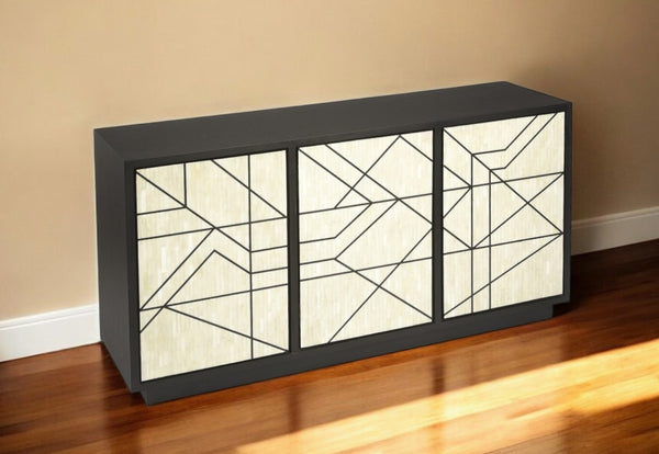 HomeRoots 59" Modern Natural and Black Sideboard with 3 Doors - Stylish Storage Solution for Any Space! 389757